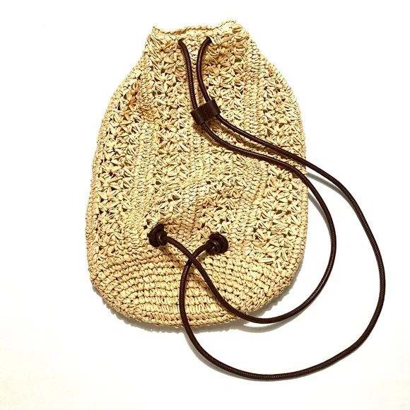 Zara Woven Raffia Straw Drawstring Backpack Tote Bag Neutral - Picture 5 of 15